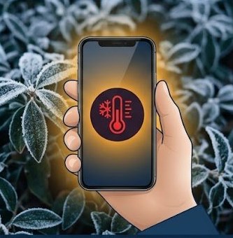 Freeze alert notification on a smartphone screen with frost covered plants in the background