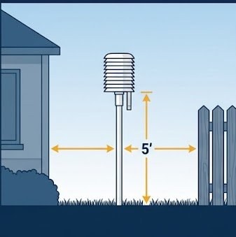 Diagram showing correct radiation shield height and distance from fence and house structures