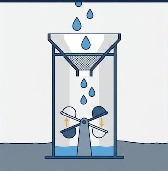 Cutaway diagram of a tipping bucket rain gauge showing funnel, mesh screen, and bucket mechanism