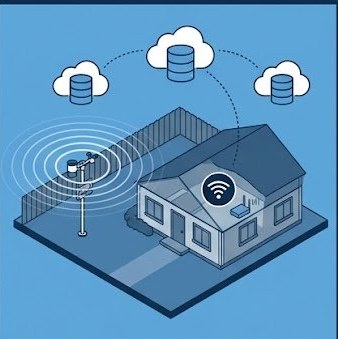 Isometric diagram of a home weather station uploading data wirelessly to cloud weather networks